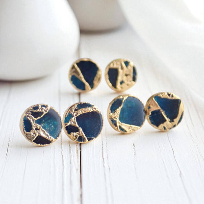Deep Ocean Blue Mojave Turquoise Stud Earrings Silver  | Kintsugi Style Round Gemstone Studs