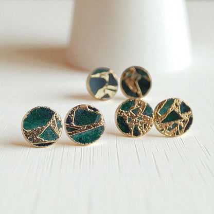 Emerald Green Mojave Gemstone Stud Earrings Silver | Dyed Jade Kintsugi Style Earrings, Round Minimalist Boho Post Earrings