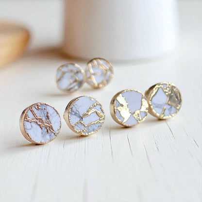 White Mojave Stud Earrings, Faux Marble Round Studs Gold Vein Detail, Modern Minimalist Jewelry, Howlite Kintsugi Earrings, Gift for Her