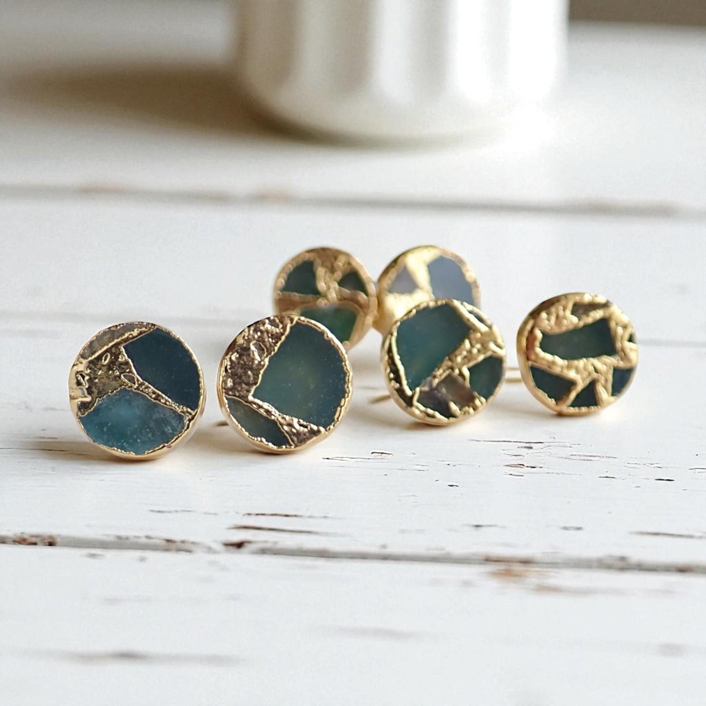 Seafoam Teal Round Stud Earrings Gold Veins – Kintsugi Inspired Jewelry, Minimalist Gemstone Earrings,Round Stone Post Earrings,Gift for Her