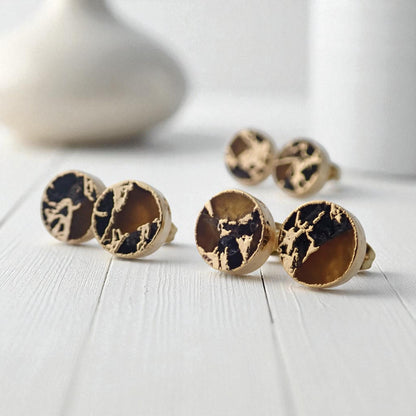 Gold Citrine & Black Jade Stud Earrings – Mojave Gemstone Post Earrings – Kintsugi Style Round Earrings – Unique Minimalist Jewelry for Her
