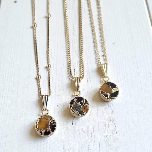 Gold Citrine & Black Jade Necklace – Mojave Gemstone Coin Necklace – Kintsugi Style Round Pendant