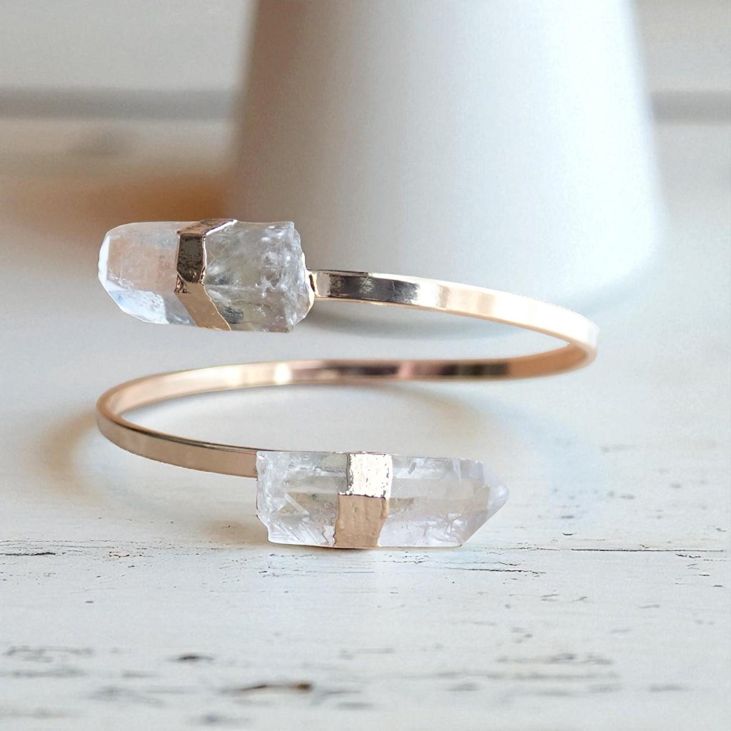 Raw Quartz Point Cuff Bracelet | Double Crystal Bracelet, Minimalist Adjustable Gemstone Open Cuff