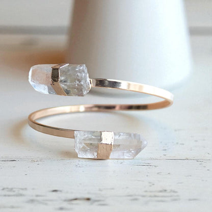 Raw Quartz Point Cuff Bracelet | Double Crystal Bracelet, Minimalist Adjustable Gemstone Open Cuff