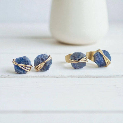 Raw Sapphire Stud Earrings • 14k Gold Filled Wire Wrapped Gemstone Posts • September Birthstone Jewelry
