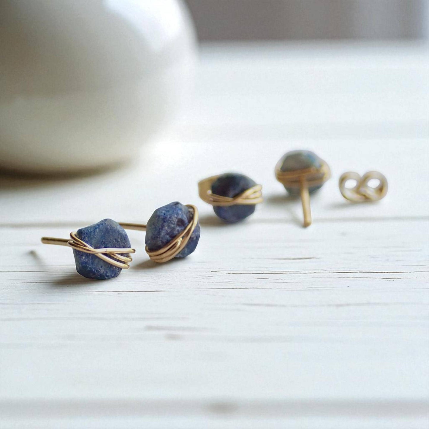 Raw Sapphire Stud Earrings • 14k Gold Filled Wire Wrapped Gemstone Posts • September Birthstone Jewelry