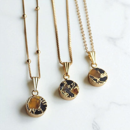 Gold Citrine & Black Jade Necklace – Mojave Gemstone Coin Necklace – Kintsugi Style Round Pendant