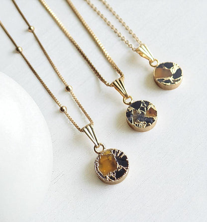 Gold Citrine & Black Jade Necklace – Mojave Gemstone Coin Necklace – Kintsugi Style Round Pendant