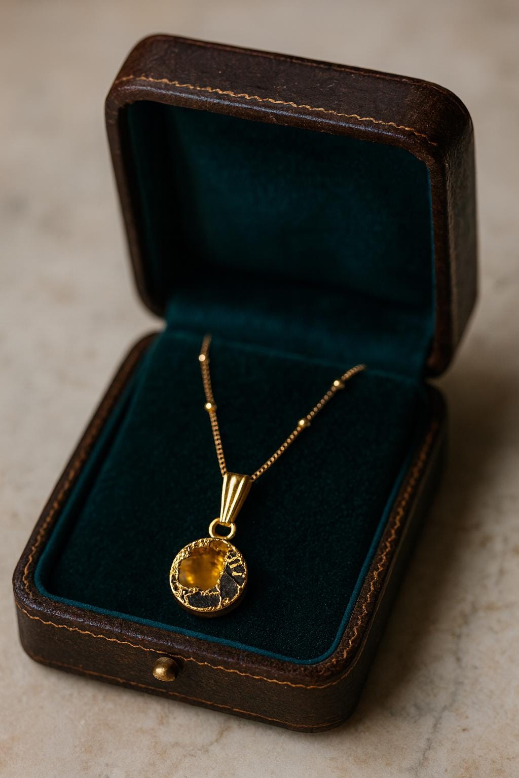 Gold Citrine & Black Jade Necklace – Mojave Gemstone Coin Necklace – Kintsugi Style Round Pendant