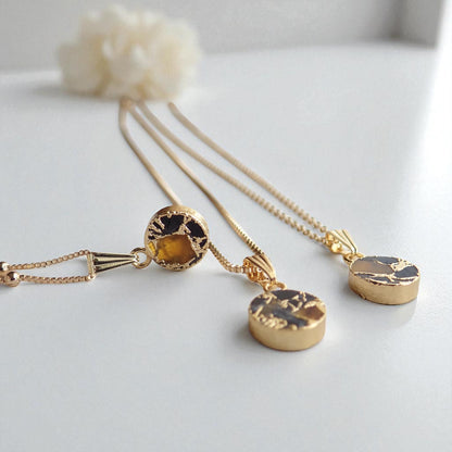 Gold Citrine & Black Jade Necklace – Mojave Gemstone Coin Necklace – Kintsugi Style Round Pendant