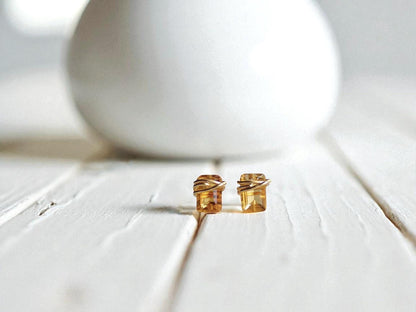 Dainty Citrine Stud Earrings 14k Gold Fill | Tiny Yellow Gemstone Earrings | November Birthstone Jewelry,Wire Wrapped Gemstone Post Earrings