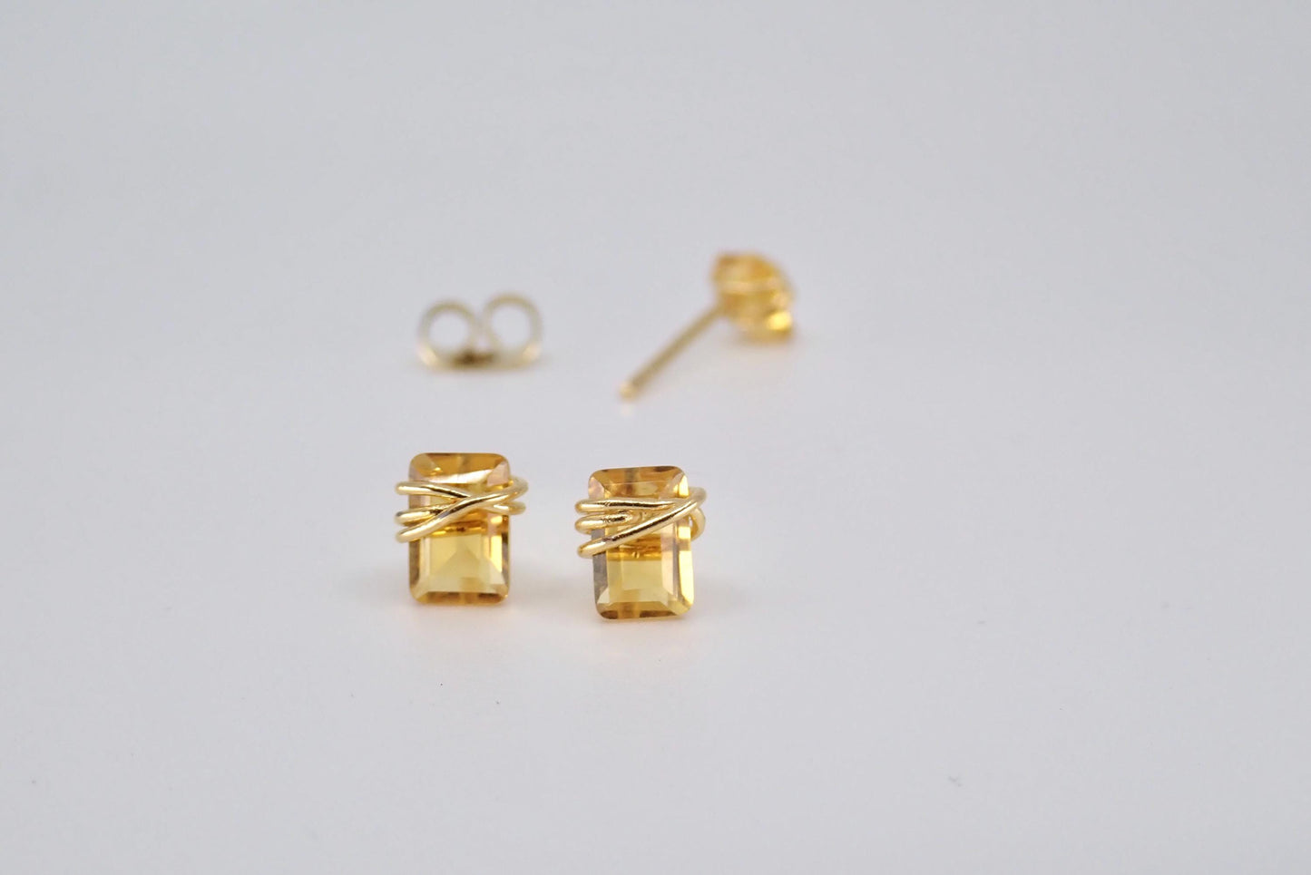 Dainty Citrine Stud Earrings 14k Gold Fill | Tiny Yellow Gemstone Earrings | November Birthstone Jewelry,Wire Wrapped Gemstone Post Earrings