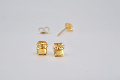 Dainty Citrine Stud Earrings 14k Gold Fill | Tiny Yellow Gemstone Earrings | November Birthstone Jewelry,Wire Wrapped Gemstone Post Earrings