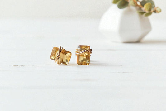 Dainty Citrine Stud Earrings 14k Gold Fill | Tiny Yellow Gemstone Earrings | November Birthstone Jewelry,Wire Wrapped Gemstone Post Earrings