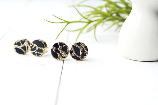Mojave Gemstone Post Earrings, Black and Gold Round Stud Earrings – Modern Kintsugi Inspired Statement Jewelry, Minimalist Everyday Earrings