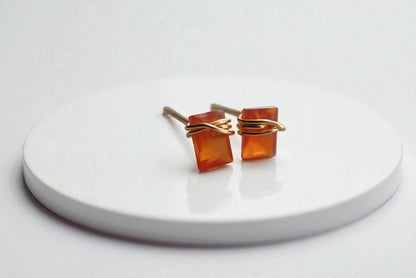 Tiny Carnelian or Citrine Stud Earrings 14k Gold Fill, Dainty Orange Gemstone Earrings,Carnelian Jewelry,Wire Wrapped Gemstone Post Earrings