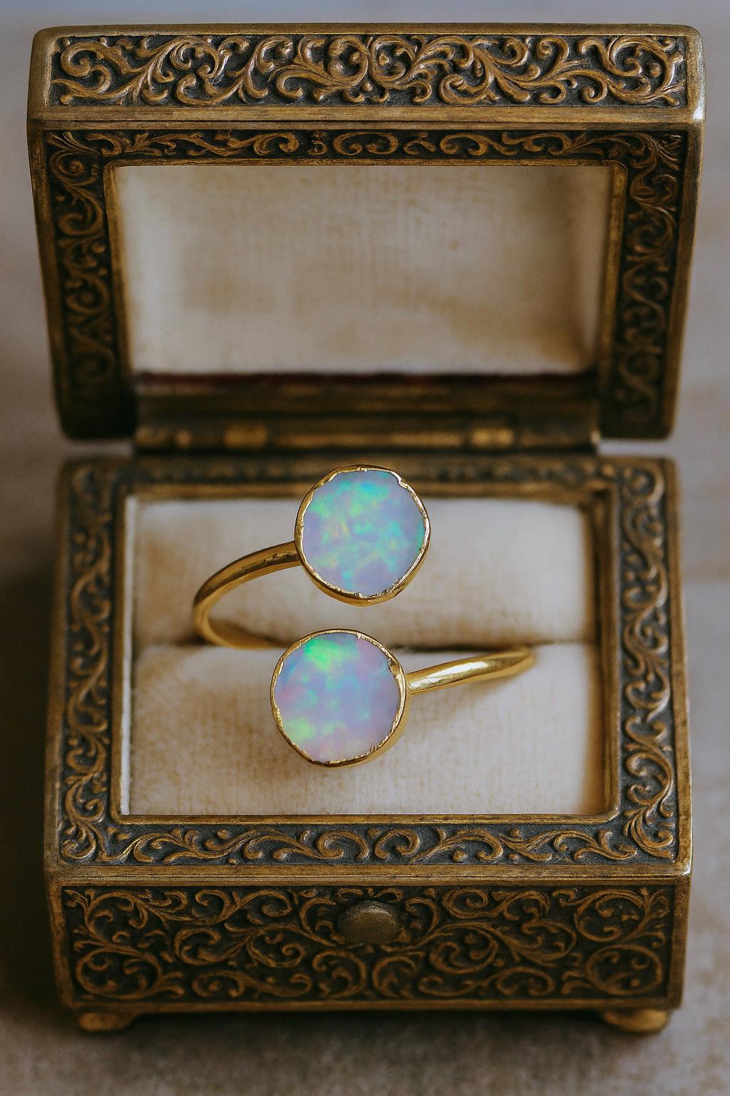 Raw Opal Adjustable Ring – 14k Gold Open Wrap Ring with Two Iridescent Opal Gemstones , October Birthstone Jewelry
