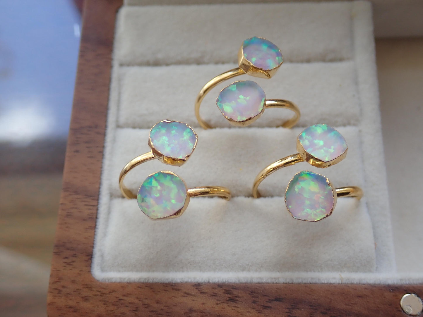 Raw Opal Adjustable Ring – 14k Gold Open Wrap Ring with Two Iridescent Opal Gemstones , October Birthstone Jewelry
