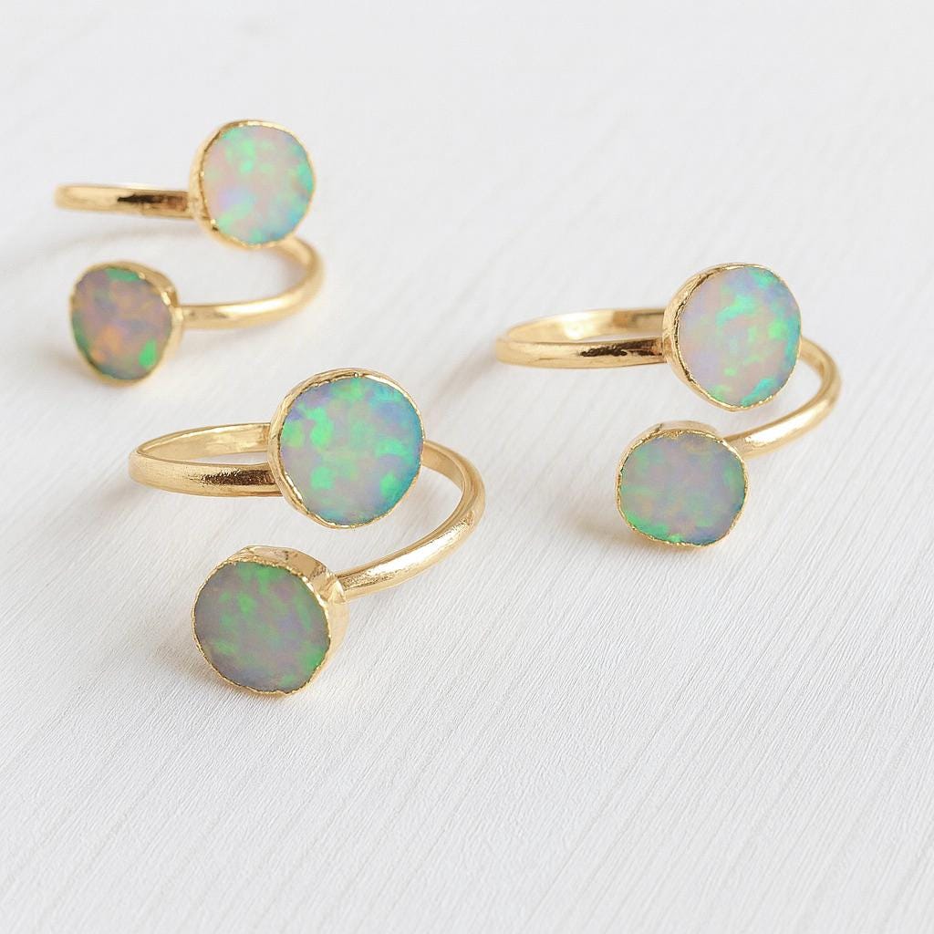 Raw Opal Adjustable Ring – 14k Gold Open Wrap Ring with Two Iridescent Opal Gemstones , October Birthstone Jewelry