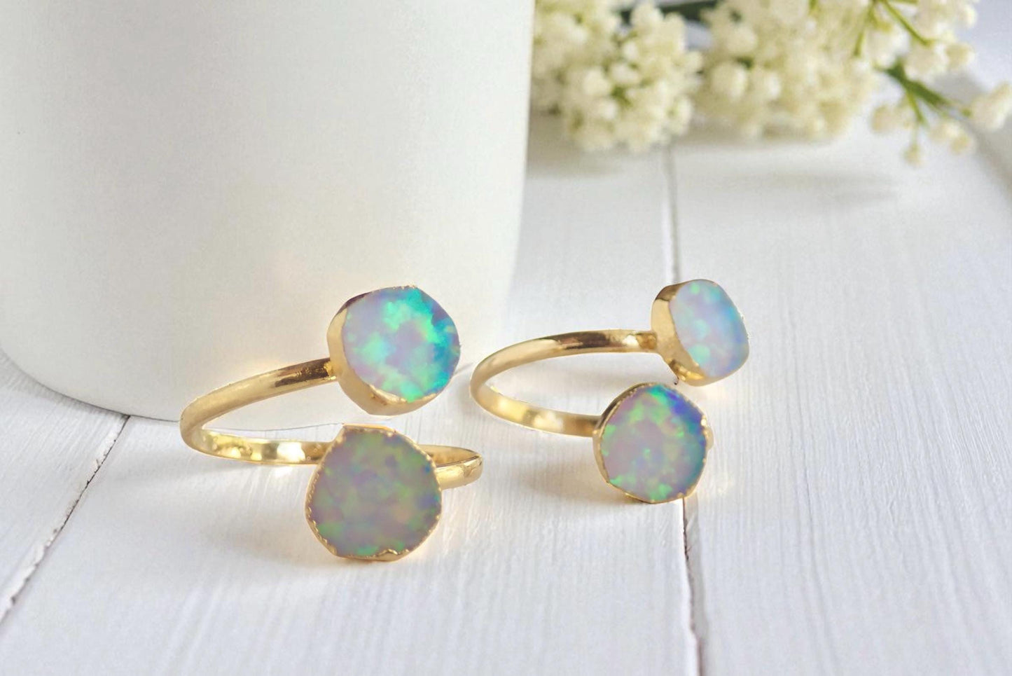 Raw Opal Adjustable Ring – 14k Gold Open Wrap Ring with Two Iridescent Opal Gemstones , October Birthstone Jewelry