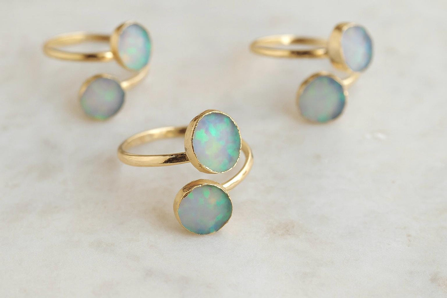 Raw Opal Adjustable Ring – 14k Gold Open Wrap Ring with Two Iridescent Opal Gemstones , October Birthstone Jewelry