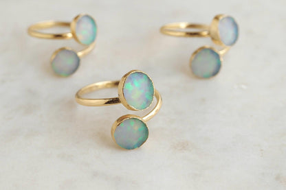 Raw Opal Adjustable Ring – 14k Gold Open Wrap Ring with Two Iridescent Opal Gemstones , October Birthstone Jewelry