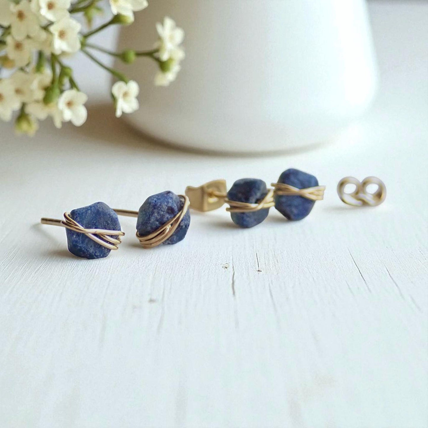 Raw Sapphire Stud Earrings • 14k Gold Filled Wire Wrapped Gemstone Posts • September Birthstone Jewelry