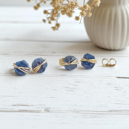 Raw Sapphire Stud Earrings • 14k Gold Filled Wire Wrapped Gemstone Posts • September Birthstone Jewelry