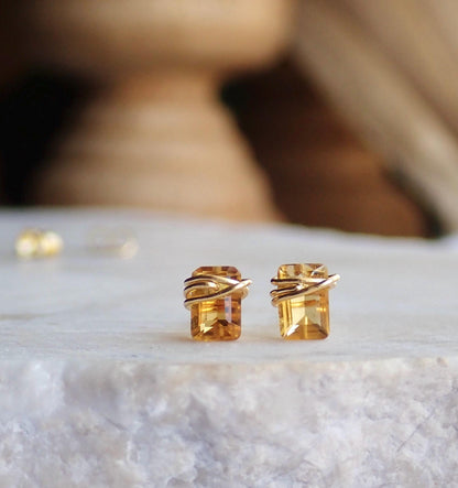 Dainty Citrine Stud Earrings 14k Gold Fill | Tiny Yellow Gemstone Earrings | November Birthstone Jewelry,Wire Wrapped Gemstone Post Earrings