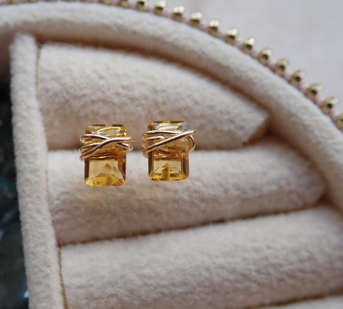Dainty Citrine Stud Earrings 14k Gold Fill | Tiny Yellow Gemstone Earrings | November Birthstone Jewelry,Wire Wrapped Gemstone Post Earrings