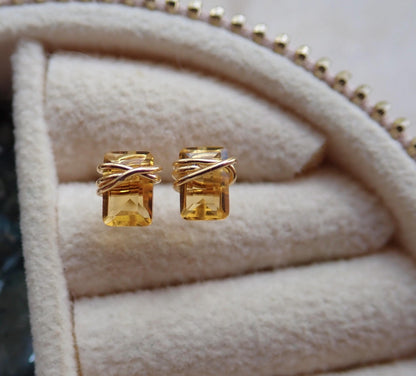Dainty Citrine Stud Earrings 14k Gold Fill | Tiny Yellow Gemstone Earrings | November Birthstone Jewelry,Wire Wrapped Gemstone Post Earrings