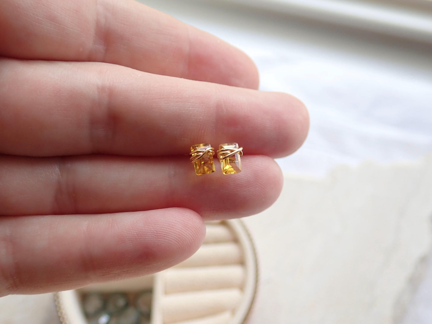 Dainty Citrine Stud Earrings 14k Gold Fill | Tiny Yellow Gemstone Earrings | November Birthstone Jewelry,Wire Wrapped Gemstone Post Earrings