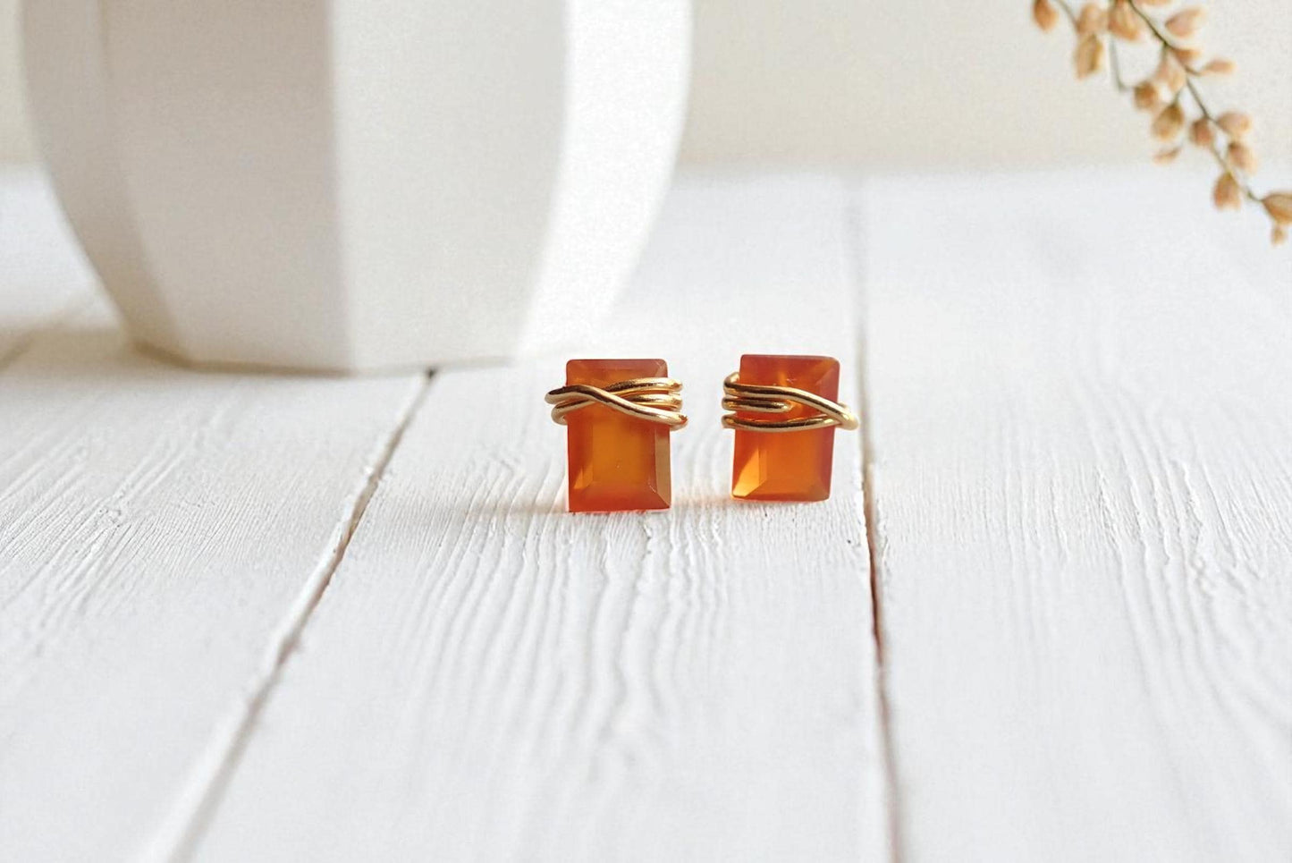 Tiny Carnelian or Citrine Stud Earrings 14k Gold Fill, Dainty Orange Gemstone Earrings,Carnelian Jewelry,Wire Wrapped Gemstone Post Earrings
