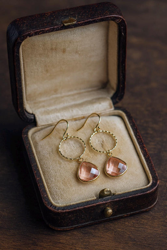 Rose Quartz Glass Dangle Hoop Earrings, Gold Hoop Earrings with Crystal Teardrop Charm, Gemstone Dangle Earrings, Jewelry Gift for Her