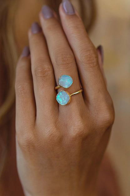 Raw Opal Adjustable Ring – 14k Gold Open Wrap Ring with Two Iridescent Opal Gemstones , October Birthstone Jewelry