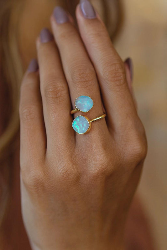Raw Opal Adjustable Ring – 14k Gold Open Wrap Ring with Two Iridescent Opal Gemstones , October Birthstone Jewelry