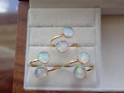 Raw Opal Adjustable Ring – 14k Gold Open Wrap Ring with Two Iridescent Opal Gemstones , October Birthstone Jewelry