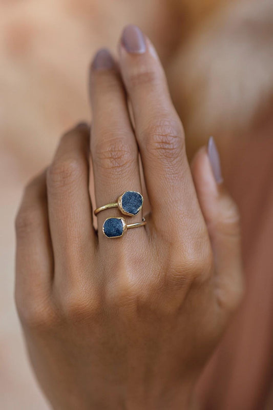 Raw Sapphire Adjustable Ring – 14k Gold Open Wrap Ring with Two Natural Blue Gemstones, September Birthstone Jewelry