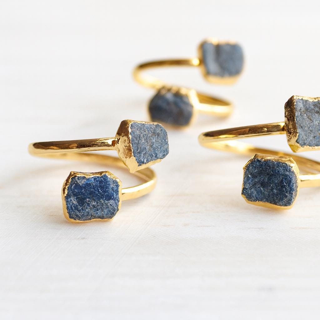 Raw Sapphire Adjustable Ring – 14k Gold Open Wrap Ring with Two Natural Blue Gemstones, September Birthstone Jewelry