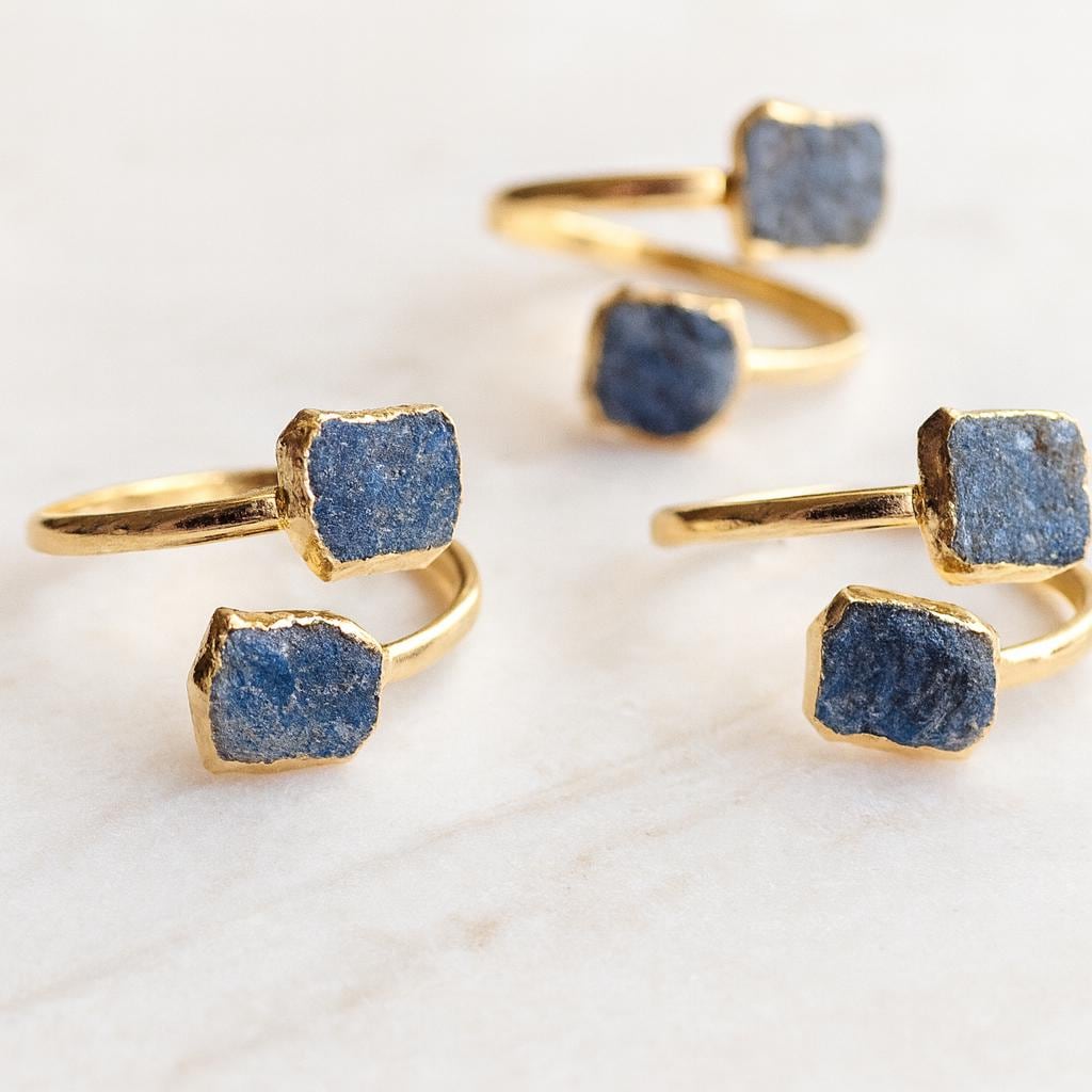 Raw Sapphire Adjustable Ring – 14k Gold Open Wrap Ring with Two Natural Blue Gemstones, September Birthstone Jewelry