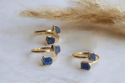 Raw Sapphire Adjustable Ring – 14k Gold Open Wrap Ring with Two Natural Blue Gemstones, September Birthstone Jewelry