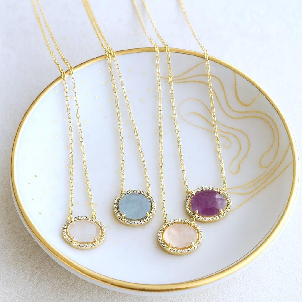 Gold Bezel Birthstone Necklaces in Aquamarine  Rose Quartz  Amethyst or Moonstone | Dainty Pavé Gemstone Pendant Necklace