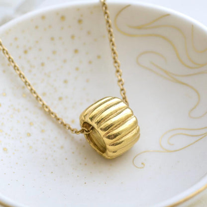 Waterproof Gold Bead Necklace,  Ridged Tube Pendant on No Tarnish 18k Gold Chain,  Minimalist Fidget Necklace, Everyday Jewelry