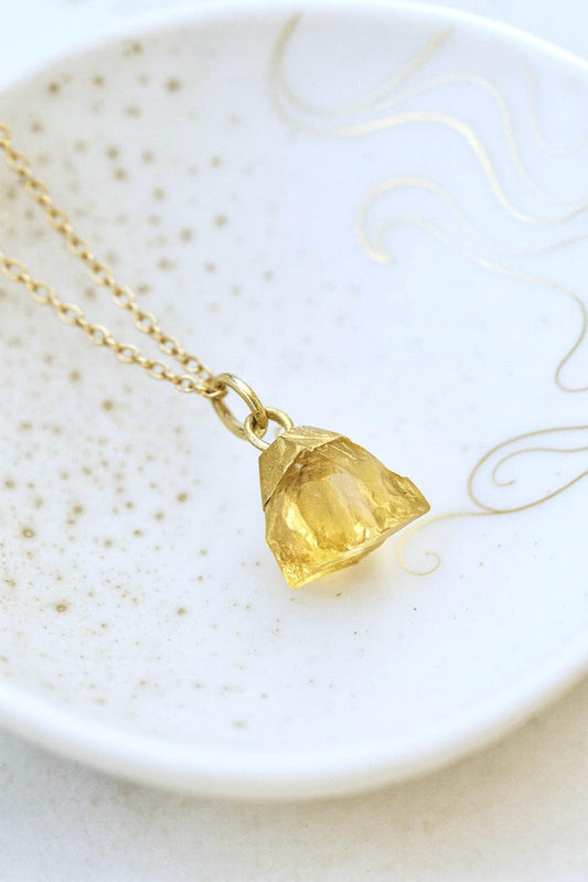Dainty Raw Citrine Pendant Necklace, Gold Capped Crystal on 18k Gold Filled Chain – Small November Birthstone Gift for Her