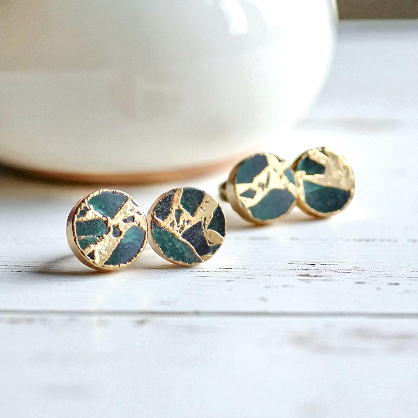 Emerald Green Mojave Gemstone Stud Earrings Silver | Dyed Jade Kintsugi Style Earrings, Round Minimalist Boho Post Earrings