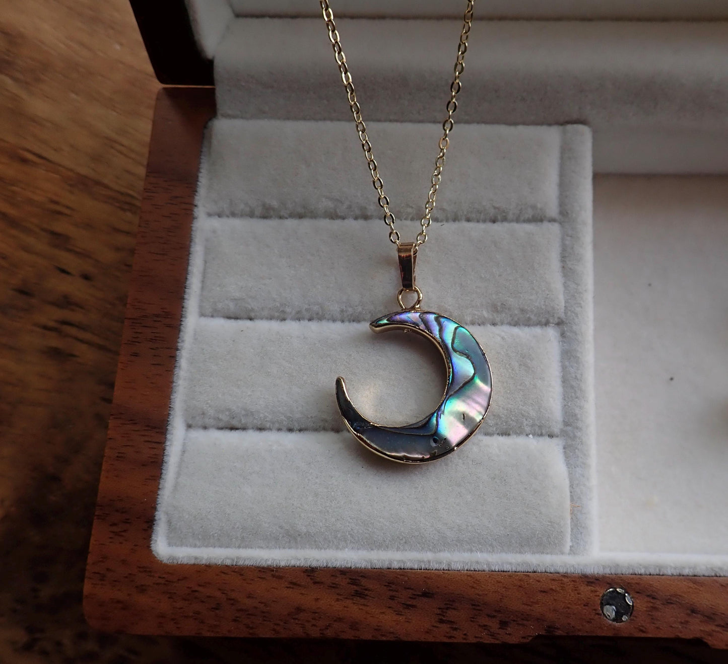 Abalone Crescent Moon Necklace in Gold – Iridescent Shell Pendant, Celestial Jewelry