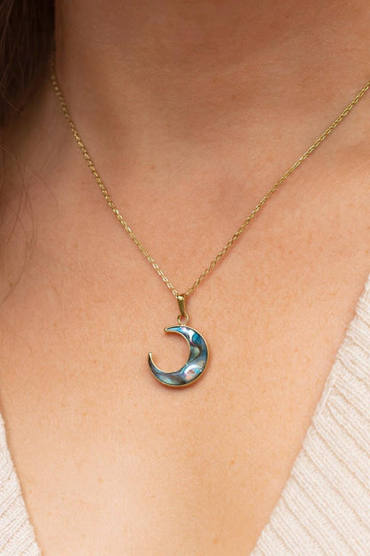 Abalone Crescent Moon Necklace in Gold – Iridescent Shell Pendant, Celestial Jewelry