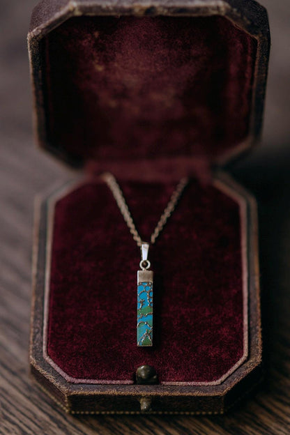 Dainty Copperized Turquoise Bar Necklace in Gold, Mojave Turquoise Pendant Necklace
