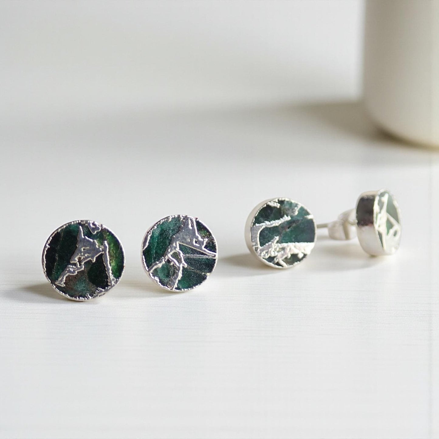 Emerald Green Mojave Gemstone Stud Earrings Silver | Dyed Jade Kintsugi Style Earrings, Round Minimalist Boho Post Earrings