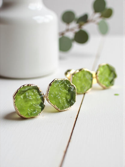 Raw Moldavite Stud Earrings, Man-made Gemstone Post Earrings, Lab-Created Green Crystal Earrings, August Birthstone Jewelry Gift